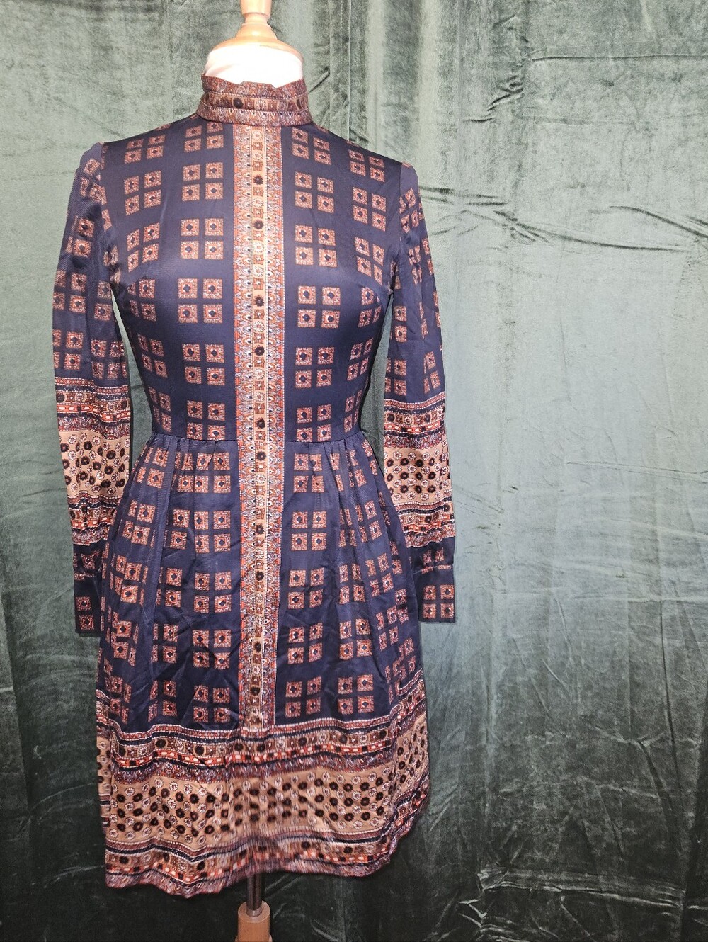 Vintage Domino Fashions Geometric Medallion Mock Neck Dress